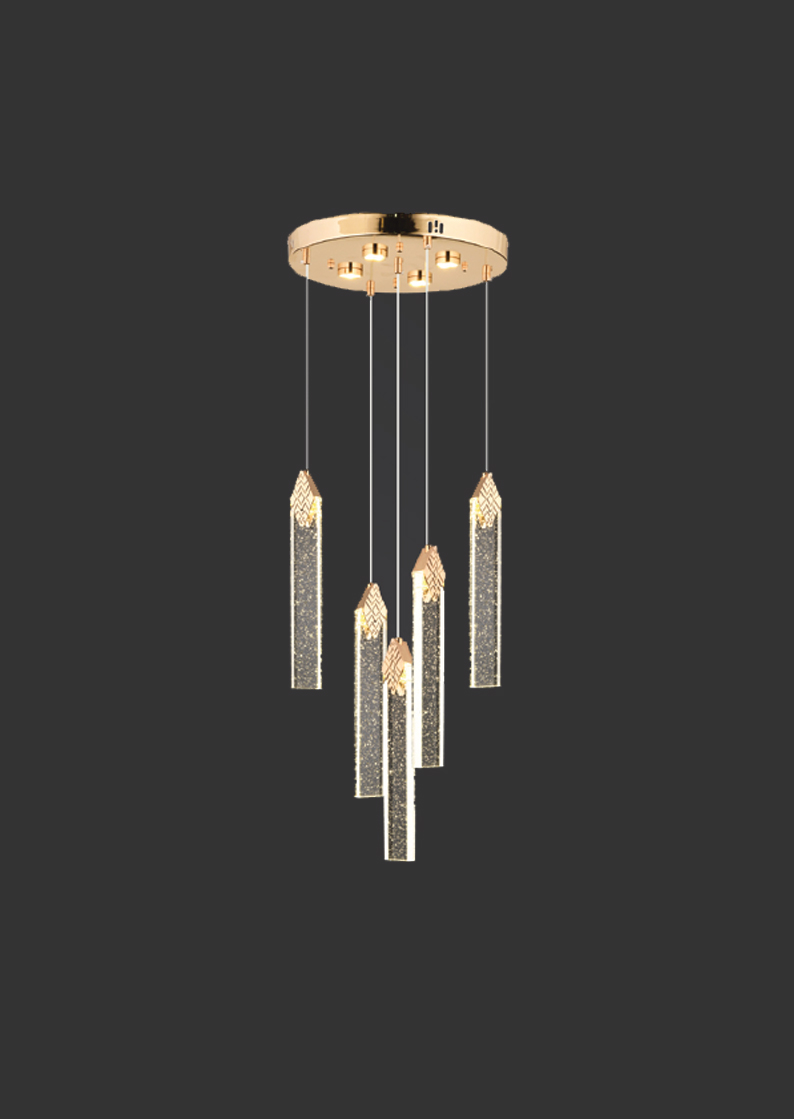 222-2 Ruby Altın Işıltılı Modern Sarkıt | 5'Li Gold Kristal Çubuk Avize - Görsel 1