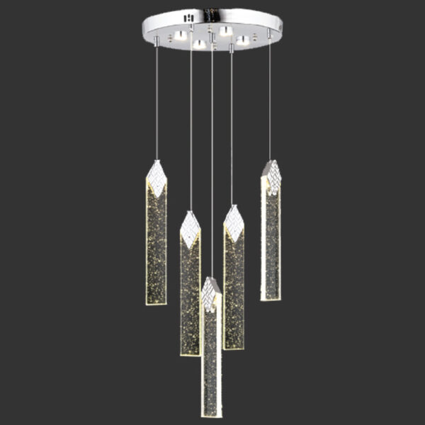 Ruby Kristal Zarafet | 5’li Krom Buz Silindir LED Avize