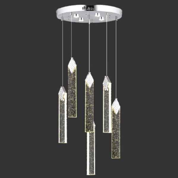 Ruby Kristal Işık Dansı | 6’lı Krom Buz Silindir LED Avize