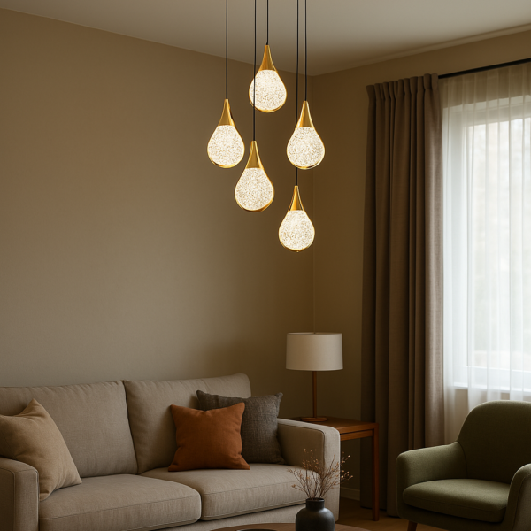 Almina Altın Damla | 5’li Modern LED Sarkıt Avize