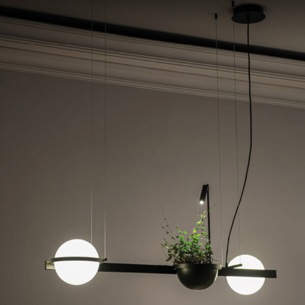 Halka Formlu İkili Küre ve Saksı Kombinasyonlu Sarkıt Aydınlatma